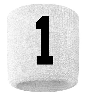 Number 1 Custom White w/ Black #'s Sweatband Wristband Embroidered Stitched