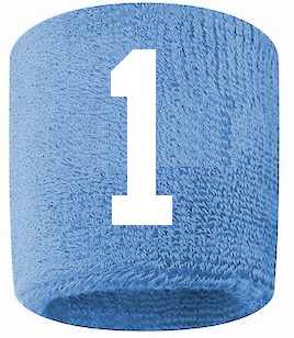 Number 1 Custom Light Blue w/ White #'s Sweatband Wristband Embroidered Stitched