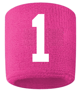 Number 1 Custom Hot Pink w/ White #'s Sweatband Wristband Embroidered Stitched