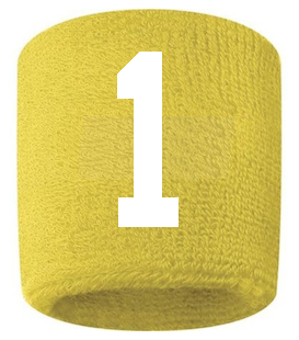 Number 1 Custom Yellow w/ White #'s Sweatband Wristband Embroidered Stitched