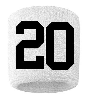 Number 20 Custom White w/ Black #'s Sweatband Wristband Embroidered Stitched