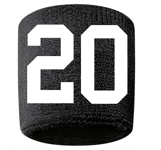 Number 20 Custom Black w/ White #'s Sweatband Wristband Embroidered Stitched