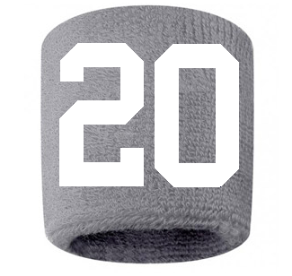 Number 20 Custom Gray w/ White #'s Sweatband Wristband Embroidered Stitched