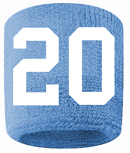 Number 20 Custom Light Blue w/ White #'s Sweatband Wristband Embroidered Stitched
