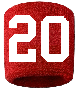 Number 20 Custom Red w/ White #'s Sweatband Wristband Embroidered Stitched