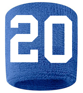 Number 20 Custom Royal Blue w/ White #'s Sweatband Wristband Embroidered Stitched