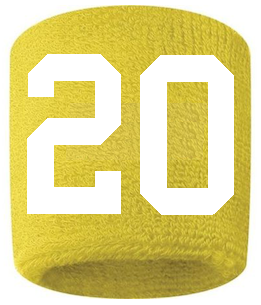 Number 20 Custom Yellow w/ White #'s Sweatband Wristband Embroidered Stitched