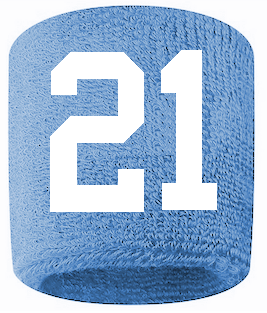 Number 21 Custom Light Blue w/ White #'s Sweatband Wristband Embroidered Stitched