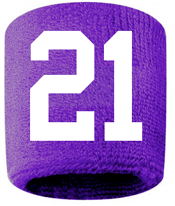 Number 21 Custom Purple w/ White #'s Sweatband Wristband Embroidered Stitched
