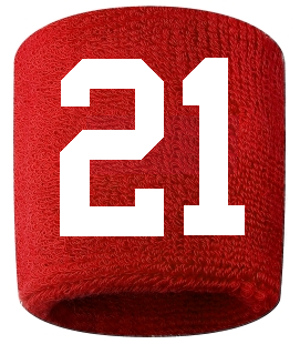 Number 21 Custom Red w/ White #'s Sweatband Wristband Embroidered Stitched