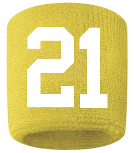 Number 21 Custom Yellow w/ White #'s Sweatband Wristband Embroidered Stitched