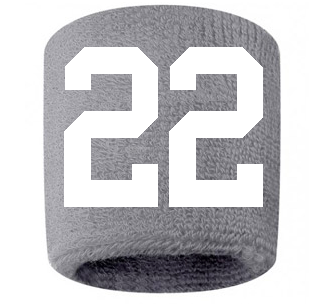 Number 22 Custom Gray w/ White #'s Sweatband Wristband Embroidered Stitched