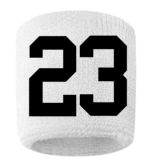 Number 23 Custom White w/ Black #'s Sweatband Wristband Embroidered Stitched