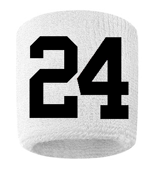 Number 24 Custom White w/ Black #'s Sweatband Wristband Embroidered Stitched