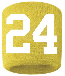 Number 24 Custom Yellow w/ White #'s Sweatband Wristband Embroidered Stitched