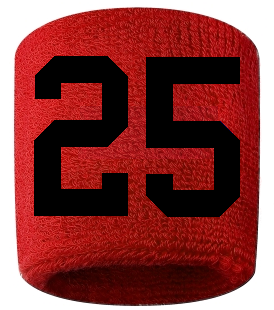 Number 25 Custom Red w/ Black #'s Sweatband Wristband Embroidered Stitched