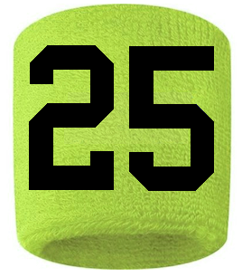Number 25 Custom Volt Neon Lime Green w/ Black #'s Sweatband Wristband Embroidered Stitched