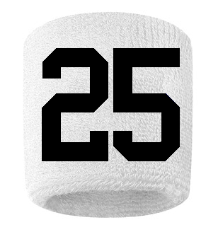Number 25 Custom White w/ Black #'s Sweatband Wristband Embroidered Stitched