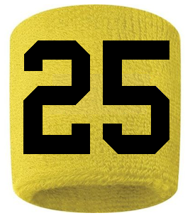 Number 25 Custom Yellow w/ Black #'s Sweatband Wristband Embroidered Stitched