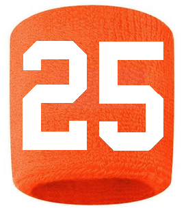 Number 25 Custom Orange w/ White #'s Sweatband Wristband Embroidered Stitched