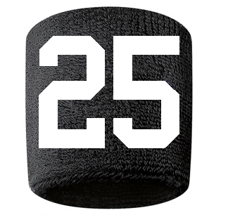 Number 25 Custom Black w/ White #'s Sweatband Wristband Embroidered Stitched