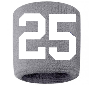 Number 25 Custom Gray w/ White #'s Sweatband Wristband Embroidered Stitched