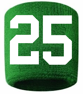Number 25 Custom Green w/ White #'s Sweatband Wristband Embroidered Stitched