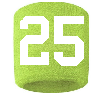 Number 25 Custom Volt Neon Lime Green w/ White #'s Sweatband Wristband Embroidered Stitched