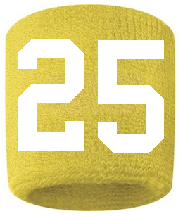 Number 25 Custom Yellow w/ White #'s Sweatband Wristband Embroidered Stitched