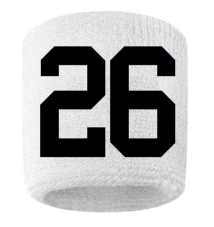 Number 26 Custom White w/ Black #'s Sweatband Wristband Embroidered Stitched
