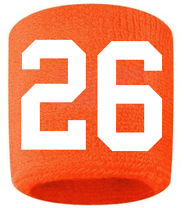 Number 26 Custom Orange w/ White #'s Sweatband Wristband Embroidered Stitched