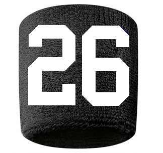 Number 26 Custom Black w/ White #'s Sweatband Wristband Embroidered Stitched