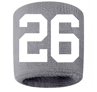 Number 26 Custom Gray w/ White #'s Sweatband Wristband Embroidered Stitched
