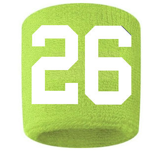 Number 26 Custom Volt Neon Lime Green w/ White #'s Sweatband Wristband Embroidered Stitched