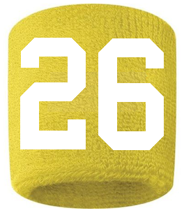 Number 26 Custom Yellow w/ White #'s Sweatband Wristband Embroidered Stitched