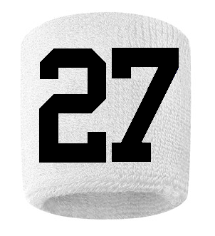 Number 27 Custom White w/ Black #'s Sweatband Wristband Embroidered Stitched