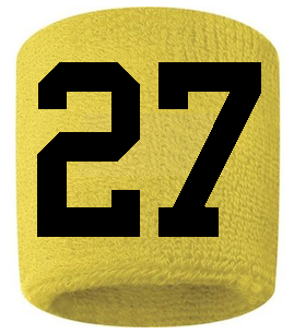 Number 27 Custom Yellow w/ Black #'s Sweatband Wristband Embroidered Stitched