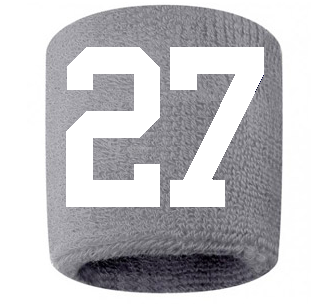 Number 27 Custom Gray w/ White #'s Sweatband Wristband Embroidered Stitched
