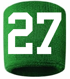 Number 27 Custom Green w/ White #'s Sweatband Wristband Embroidered Stitched
