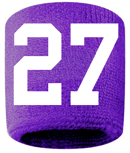 Number 27 Custom Purple w/ White #'s Sweatband Wristband Embroidered Stitched