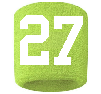 Number 27 Custom Volt Neon Lime Green w/ White #'s Sweatband Wristband Embroidered Stitched