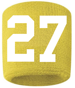 Number 27 Custom Yellow w/ White #'s Sweatband Wristband Embroidered Stitched