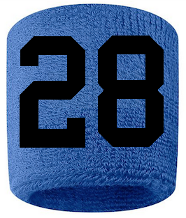Number 28 Custom Royal Blue w/ Black #'s Sweatband Wristband Embroidered Stitched