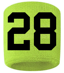Number 28 Custom Volt Neon Lime Green w/ Black #'s Sweatband Wristband Embroidered Stitched