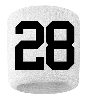 Number 28 Custom White w/ Black #'s Sweatband Wristband Embroidered Stitched