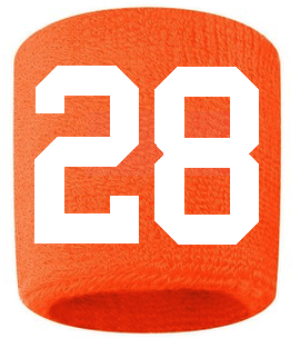 Number 28 Custom Orange w/ White #'s Sweatband Wristband Embroidered Stitched