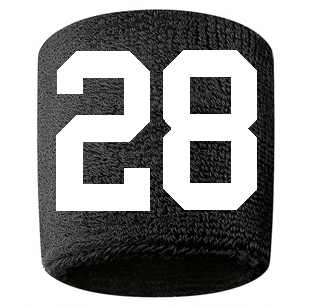 Number 28 Custom Black w/ White #'s Sweatband Wristband Embroidered Stitched