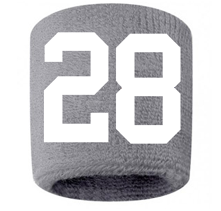 Number 28 Custom Gray w/ White #'s Sweatband Wristband Embroidered Stitched