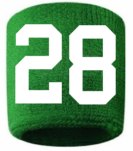 Number 28 Custom Green w/ White #'s Sweatband Wristband Embroidered Stitched