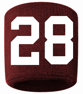 Number 28 Custom Maroon w/ White #'s Sweatband Wristband Embroidered Stitched